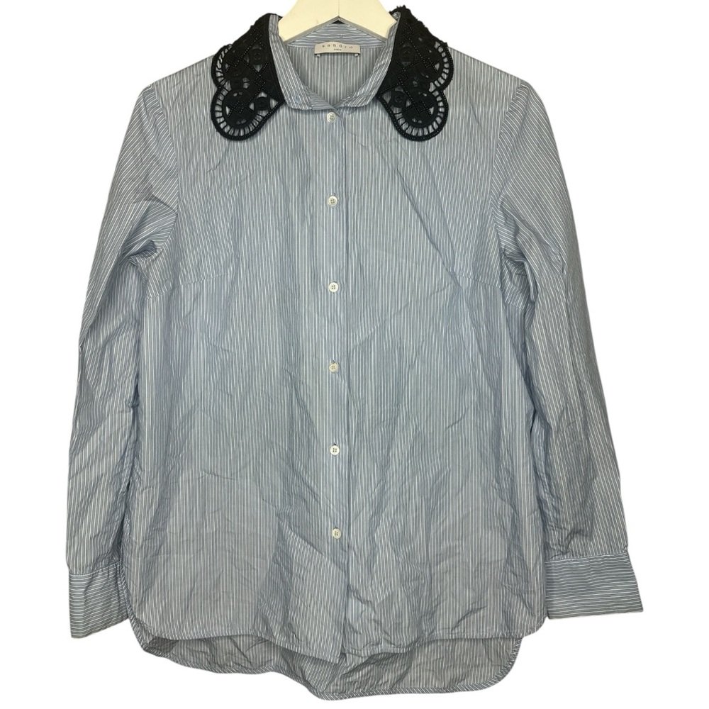 Sandro Sky Blue Striped Shirt with contrasting Black Lace Peter Pan Collar Sz 2
